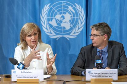 María Neira, directora del departamento de Medio Ambiente, Cambio Climático y Salud de la OMS, y Diarmid Campbell-Lendrum, científico del mismo departamento, el pasado 29 de noviembre en la sede de la ONU en Ginebra.