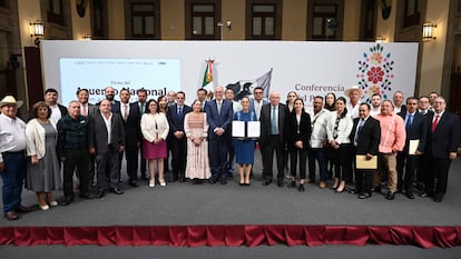Claudia Sheinbaum, durante la firma del Acuerdo Nacional Maíz-Tortilla, en Palacio Nacional, el 12 de junio de 2025.