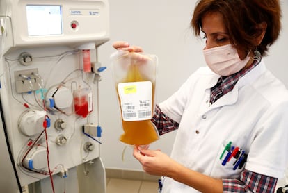 Profissional de saúde segura bolsa de plasma sanguíneo de um doador recuperado da covid-19, em um centro de Bruxelas (Bélgica).