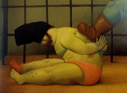Óleo de la serie <i>Abu Ghraib</i> (2005), de Fernando Botero, que se exhibe hasta el 1 de febrero en la Fundación Caixagalicia, en Vigo.
