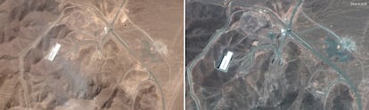 A la izqueirda, la instalación nuclear de Fordow, este domingo, tras el ataque estadounidense. A la derecha, en un imagen del 19 de junio.