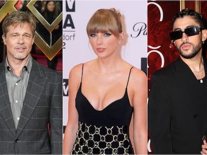 De izquierda a derecha, Brad Pitt, Taylor Swift y Bad Bunny.