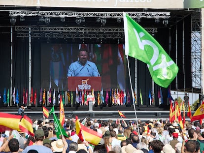 El líder nacional de Vox, Santiago Abascal, este domingo en el evento organizado por VOX, 'Viva 22' en Valdebebas.