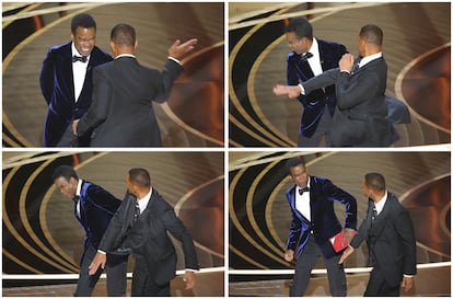 Secuencia del momento en que Will Smith golpea a Chris Rock en la ceremonia de los Oscar, el pasado domingo.