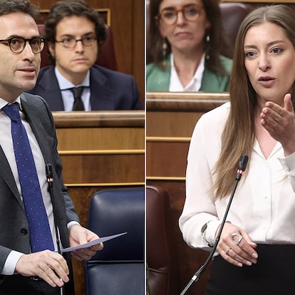 El vicepresidente primero y ministro de Economía, Carlos Cuerpo, y la portavoz del PP, Ester Muñoz, en el Congreso.
