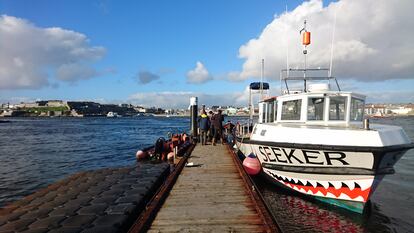 MV Seeker, of the Stock Force expedtion. Moored at Mount Batten, Plymouth (National Geographic/David Wilson)