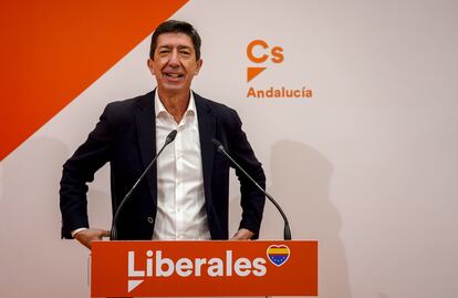 El coordinador autonómico de Ciudadanos y vicepresidente de la Junta de Andalucía, Juan Marín, en rueda de prensa tras ganar las primarias de este martes.