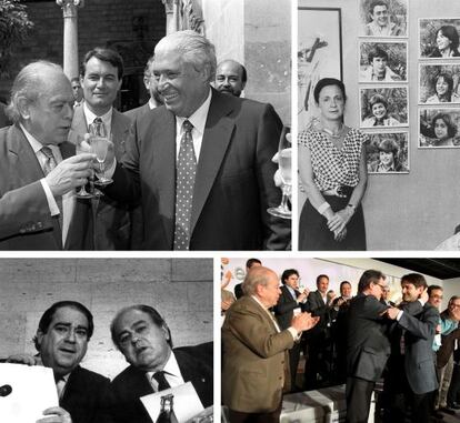 Quatre imatges que diuen molt de Jordi Pujol: Macià Alavedra (a dalt, el juliol de 1997, amb Artur Mas en segon terme) i Lluís Prenafeta (a sota, agost de 1989). La família, 'defensada' per Marta Ferrusola (amb imatges dels fills, el 1987). Mas havia de ser el 'regent' mentre Oriol (en un congrés de CDC el 2012) heretava la carrera política