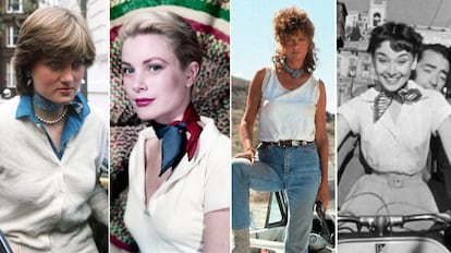 Lady Di, Grace Kelly, Susan Sarandon en Thelma & Louise y Audrey Hepburn luciendo un pañuelo en el cuello al estilo twilly.