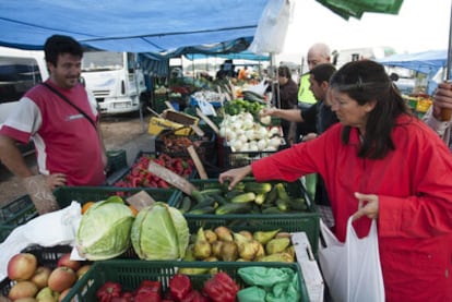 Una mujer compra verduras en un mercado de El Alquián (Almería) ayer por la mañana.