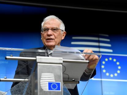 El Alto Representante de la UE, Josep Borrell, tras el consejo de ministros de Exteriores, en Bruselas, este lunes.