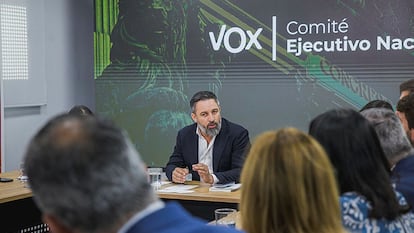 Santiago Abascal, durante la reunión del Comité Ejecutivo Nacional de Vox en la que se tomó la decisión de romper los cinco gobiernos autonómicos con el PP.