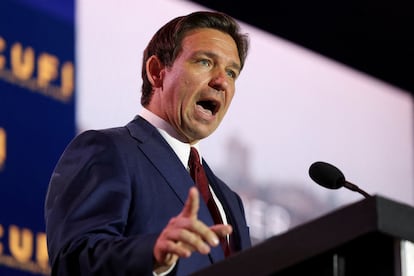 Republican presidential candidate, Florida Governor Ron DeSantis, delivers remarks at the annual Christians United for Israel Summit (CUFI), at the Crystal Gateway Marriott in Arlington, Virginia, U.S., July 17, 2023.