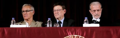 El alcalde de Valencia, Joan Ribó, el presidente del Consell, Ximo Puig y el rector de la Universitat de València, Esteban Morcillo.