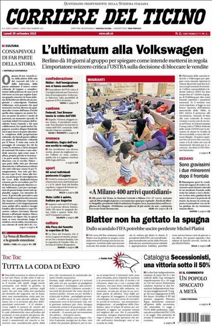 El diari suís 'Corriere del Ticino' dedica la cantonada inferior dreta a la notícia que titula 'Catalunya secessionista: una victòria per sota del 50%'.