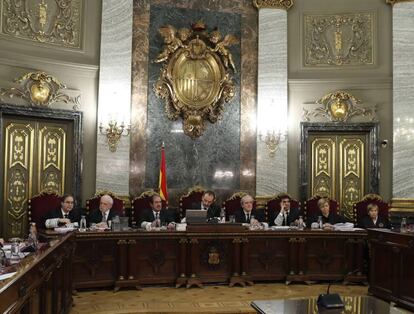 Los magistrados del tribunal que juzga el 'procés': Andrés Palomo, Luciano Varela, Andrés Martínez Arrieta, Manuel Marchena (presidente del tribunal), Juan Ramón Berdugo, Antonio del Moral y Ana Ferrer.