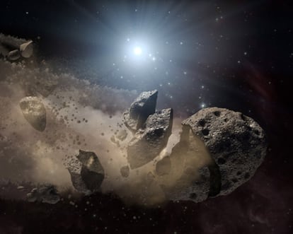 Ilustración de la desintegración de un asteroide que orbita una estrella.
