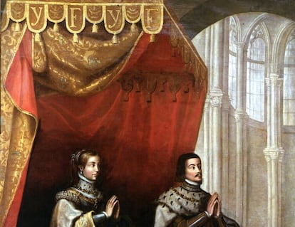 'Los Reyes Católicos bajo un dosel'. Lienzo anónimo del primer tercio del siglo XVII en el que se representa a Isabel y Fernando en un edificio con claras características góticas.