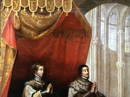 'Los Reyes Católicos bajo un dosel'. Lienzo anónimo del primer tercio del siglo XVII en el que se representa a Isabel y Fernando en un edificio con claras características góticas.
