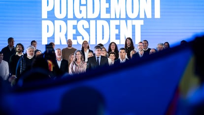 El expresident y candidato de Junts, Carles Puigdemont, en un mitin celebrado este sábado en Argelers Sur Mer (Francia).