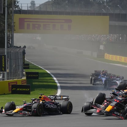 Red Bull driver Sergio Perez of Mexico, front, crashes with Ferrari driver Charles Leclerc of Monaco at the start of the Formula One Mexico Grand Prix auto race at the Hermanos Rodriguez racetrack in Mexico City, Sunday, Oct. 29, 2023. (AP Photo/Fernando Llano)