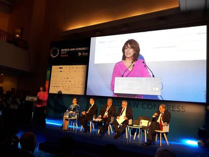 Dolores Delgado durante su intervención en la inauguración del World Law Congress el pasado 19 de febrero de 2019. 