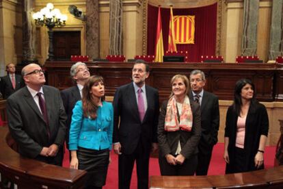 Mariano Rajoy, presidente del PP, esta mañana en el Parlament.