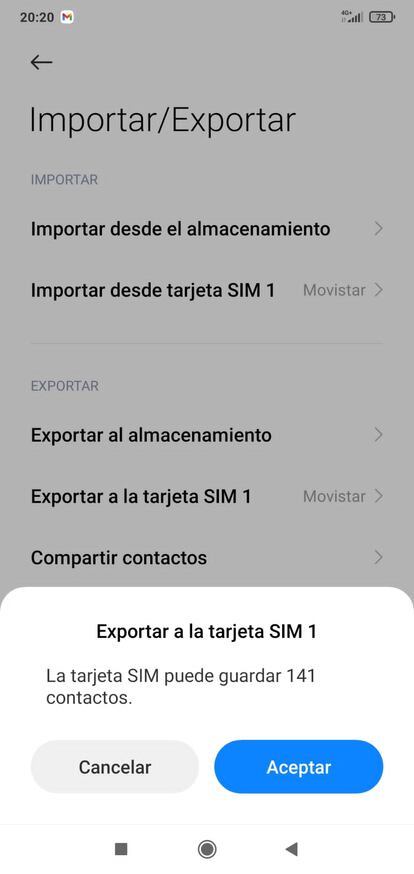 Exportación de contactos en un modelo con Android.