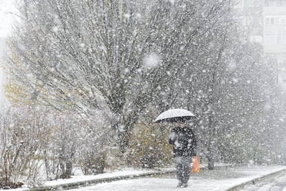 Un home es protegeix de la neu a Vitòria (Àlaba).