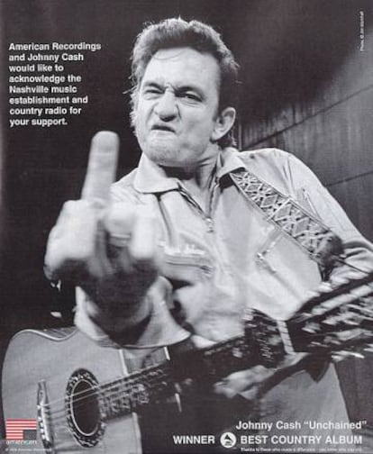 Anuncio publicitario con el mensaje: “American Recordings y Johnny Cash quieren darle las gracias a la escena de Nashville y a las radios de música country por su apoyo”.