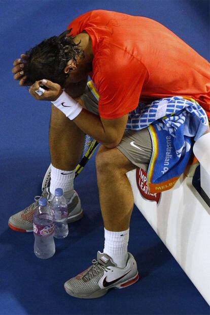 Nadal during a break in his match against Ferrer.