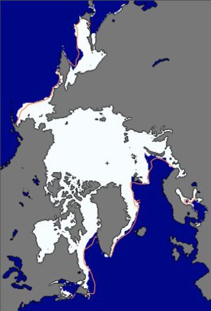 Extensi&oacute;n m&aacute;xima de hielo registrada en el &Aacute;rtico en 2013 (15 de marzo): 15,3 millones de kil&oacute;metros cuadrados.