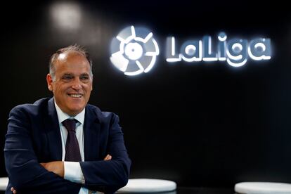 El presidente de LaLiga, Javier Tebas, en la sede de la patronal de clubes, en Madrid.