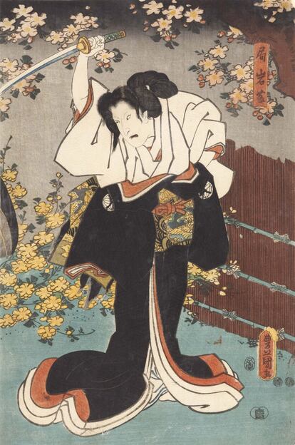 Uno de los grabados teatrales (Yakusha-e) de Kunisada. El actor Sawamura Chojuro V, en el personaje Tsubone Iwafuji de la obra 'Sumidagawa Tsuinokaga-mon' (1852).