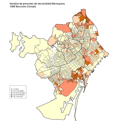Els col.lectius més nombrosos. Nombre de persones de nacionalitat marroquina, per seccions censals. 