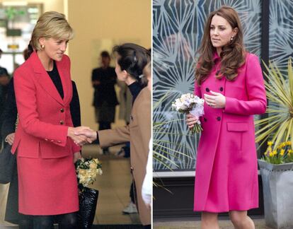 Diana de Gales, con un traje chaqueta rosa en un evento oficial a principios de la década de los noventa. A la derecha, Kate Middleton, con un abrigo parecido en marzo de 2015.