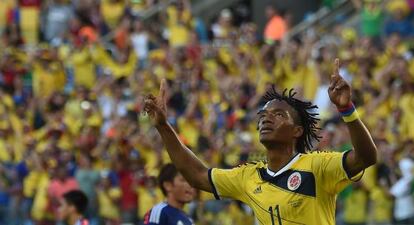 Cuadrado celebra un gol ante Jap&oacute;n en el Mundial.