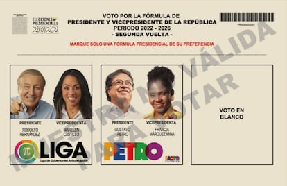 Tarjetón de segunda vuelta de las elecciones presidenciales en Colombia