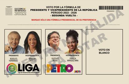 Tarjetón de segunda vuelta de las elecciones presidenciales en Colombia