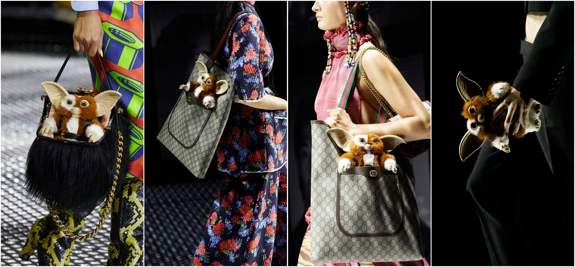 Gizmo, en cuatro de las salidas en el desfile de Gucci en la semana de la moda de Milán.