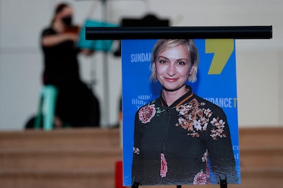 A photograph of cinematographer Halyna Hutchins at the vigil that was organized in her memory in October, 2021.