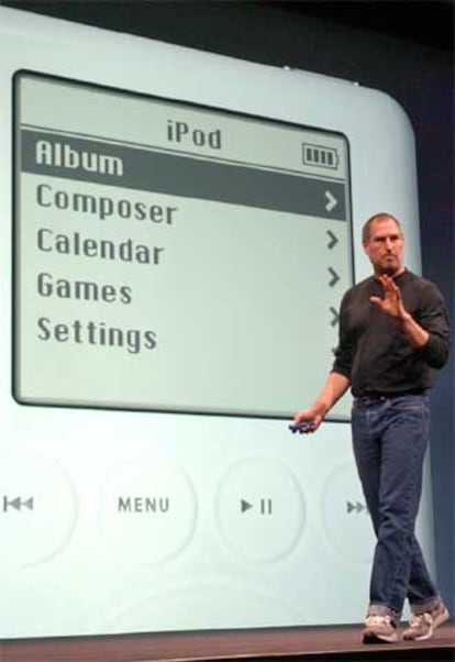 Steve Jobs presenta un modelo de iPod en 2003.