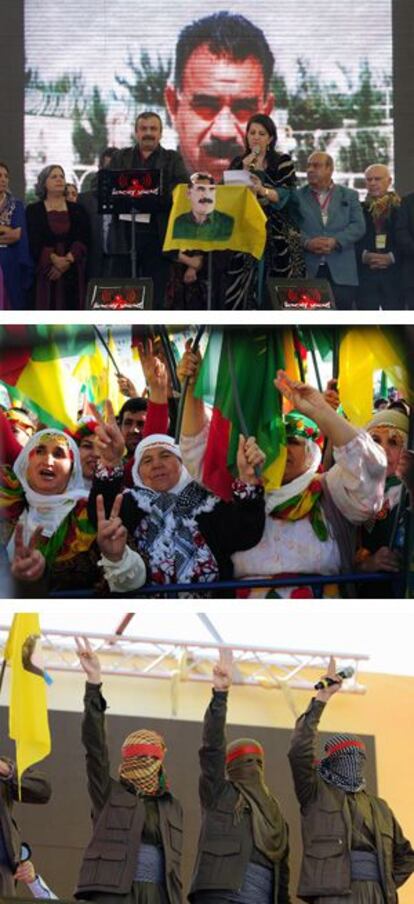 Varios momentos de la celebración del Nevruz, año nuevo kurdo y persa, en la ciudad turca de Diyarbakir el 21 de marzo. Arriba, políticos pro-kurdos leen un mensaje del líder del PKK Abdalá Ocalan. Abajo, tres hombres enmascarados hacen un gesto de victoria.