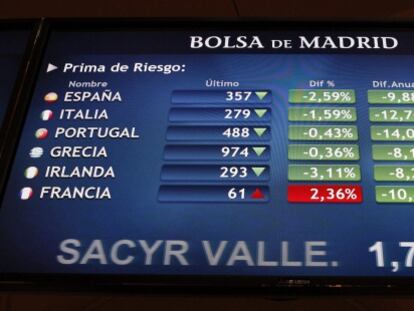 Panel informativo de la Bolsa de Madrid que muestra la prima de riesgo en distintos pa&iacute;ses europeos.