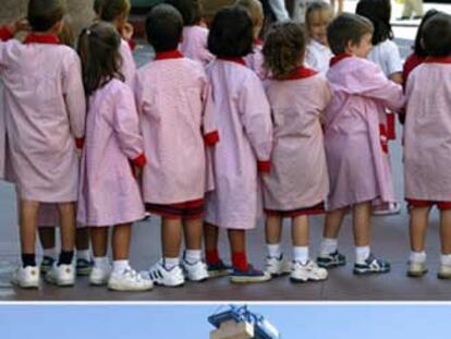 Arriba, niños y niñas en un colegio de Madrid. Abajo, construcción del centro Monte Tabor, en Pozuelo.