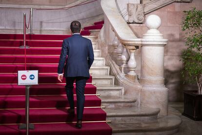 Aragonès sube las escaleras del Parlament.