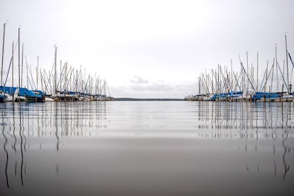 Los mástiles de los veleros de amarre se reflejan en el agua del lago Steinhuder Meer en el norte de Alemania.