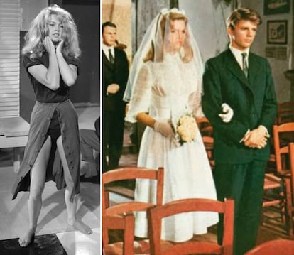 Brigitte Bardot, con falda de botones (izquierda) y vestida de novia en 'Y Dios creó a la mujer'.