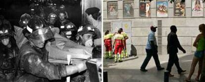 Un grupo de bomberos recupera un cadáver tras el incendio de los almacenes Arias (izquierda). Fachada de los cines Acteón, que hoy ocupa el local de la tienda de saldos.