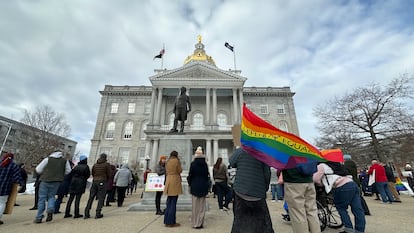 Advocates for transgender youth rally outside the New Hampshire Statehouse, in Concord, N.H., Tuesday, March 7, 2023.